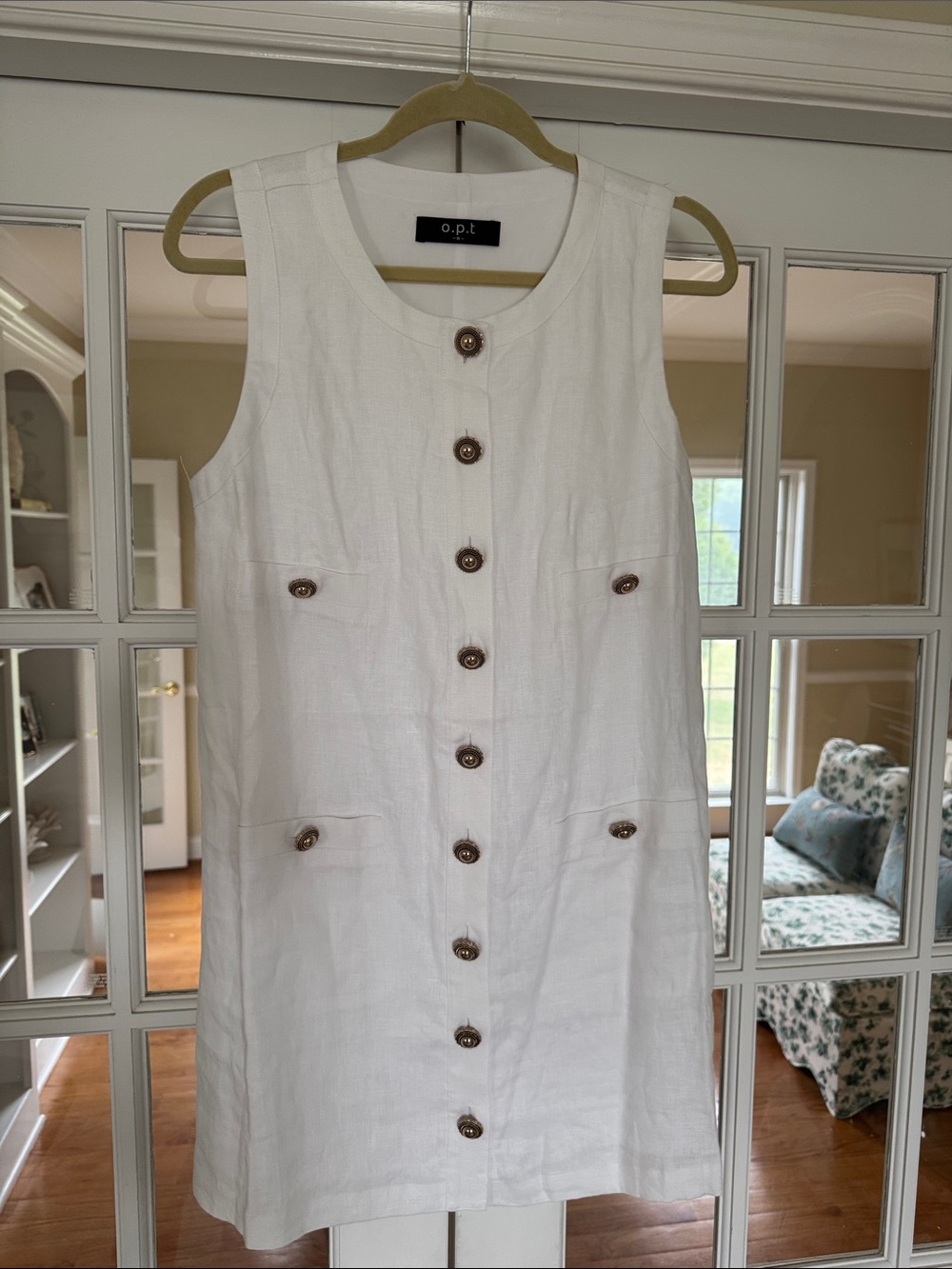 Sleeveless REFORMATION Style White Linen Shift Dress (with Gold Buttons)